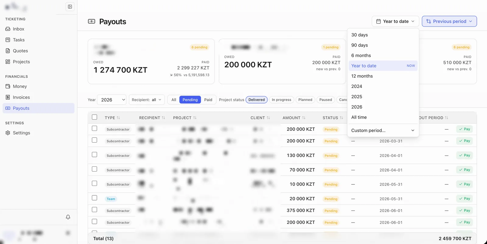 Payouts screen tracking team and subcontractor payments by project