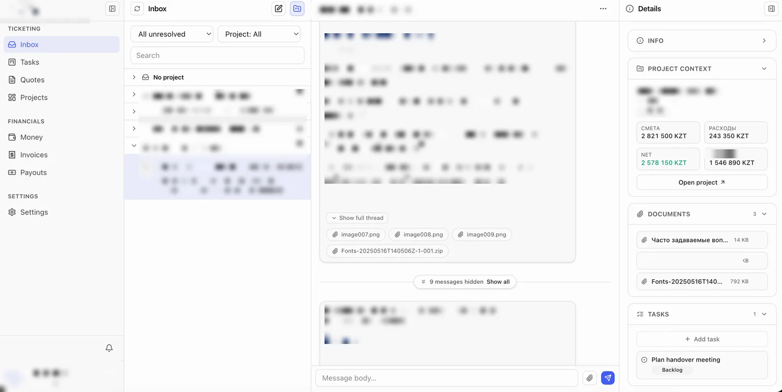 Shared inbox tying client emails to projects, budgets, documents, and tasks