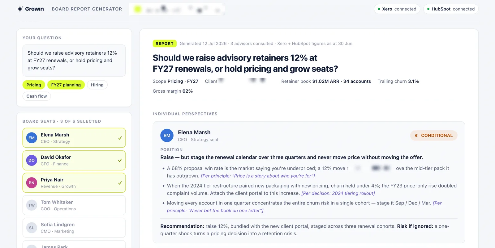 AI board report generator answering a pricing question with individual advisor perspectives