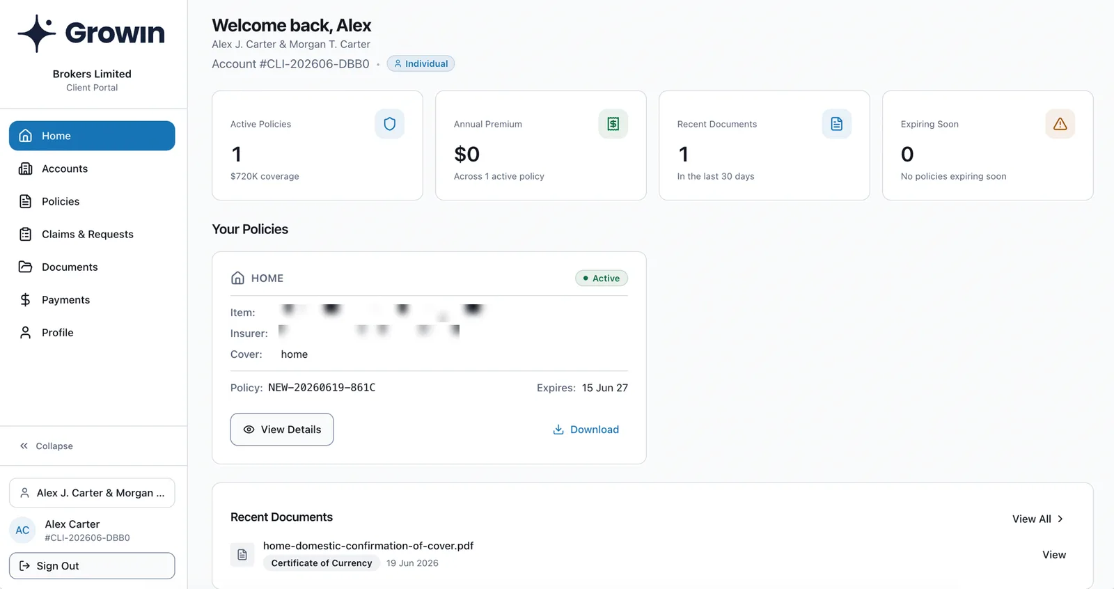 Client portal home — active policies, documents, and coverage at a glance for an insured client