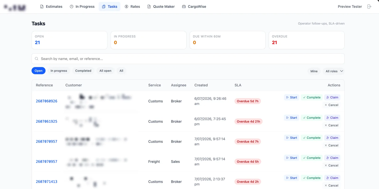 SLA-driven operations task board with overdue tracking and one-click actions