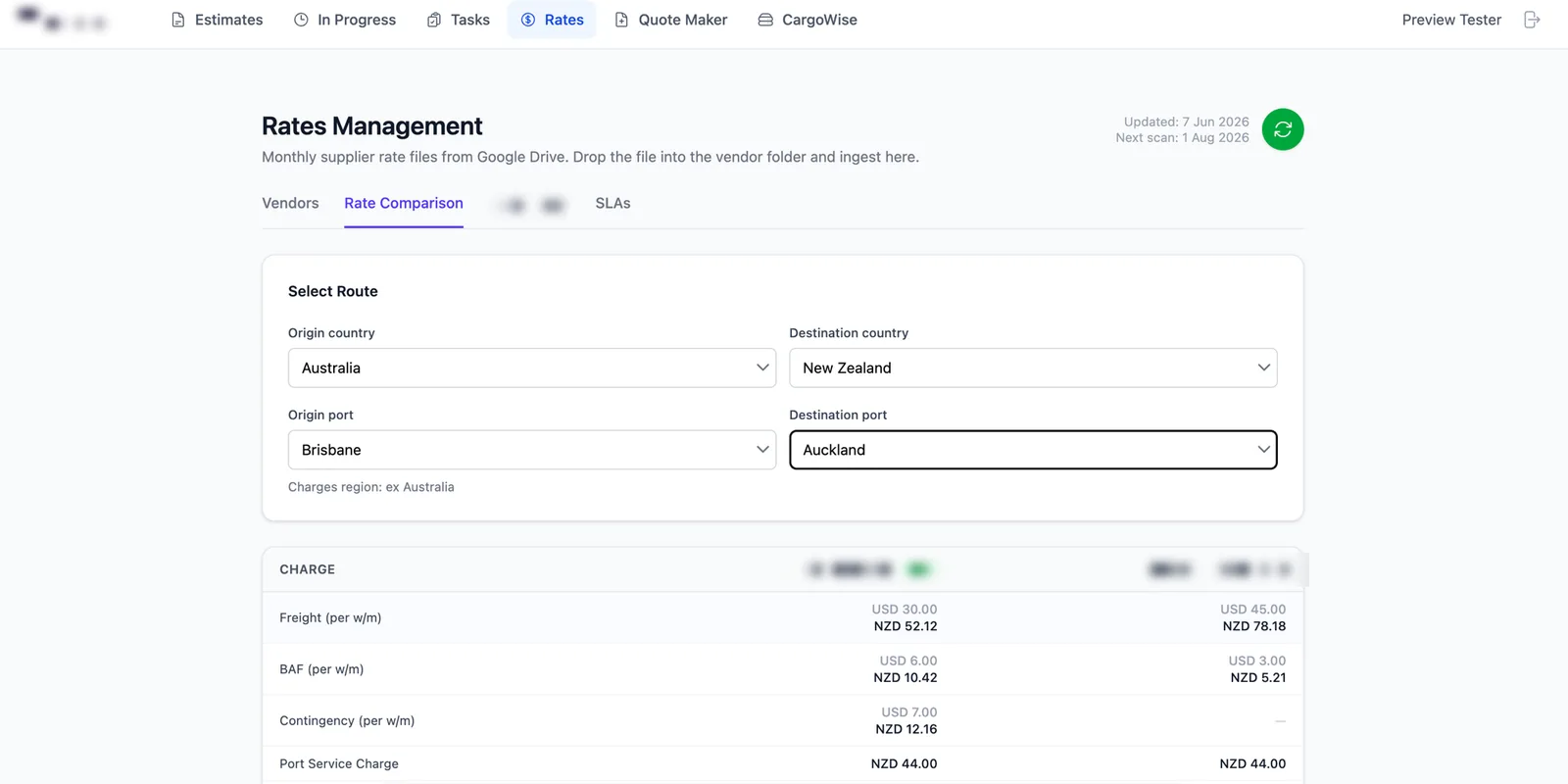 Supplier rate management comparing charges across vendors per route