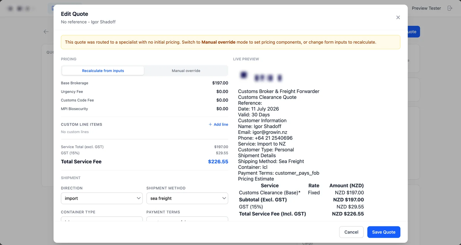 Quote editor with automatic pricing and a live customer-facing quote preview