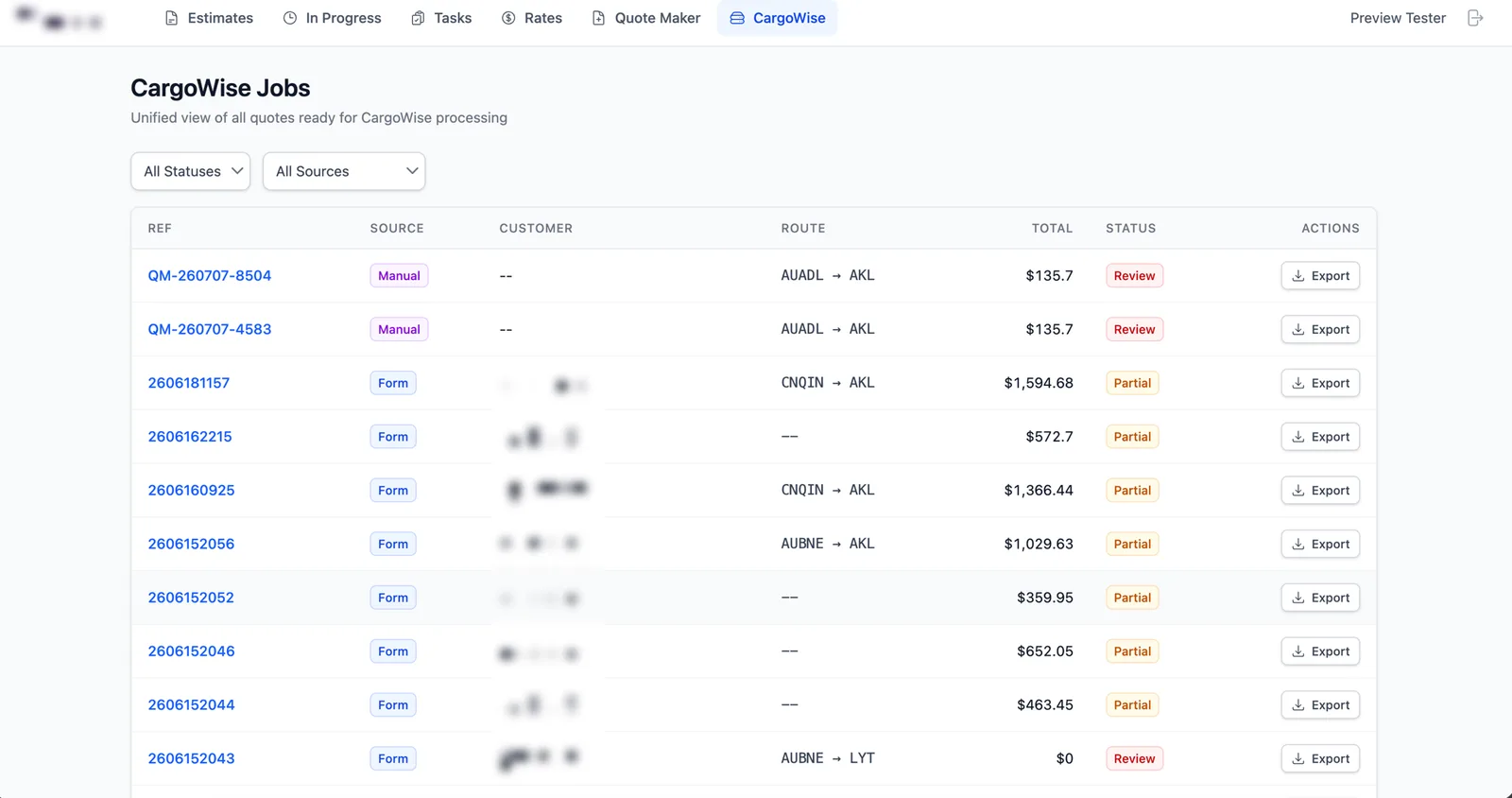 Unified view of quotes ready for export into the freight platform
